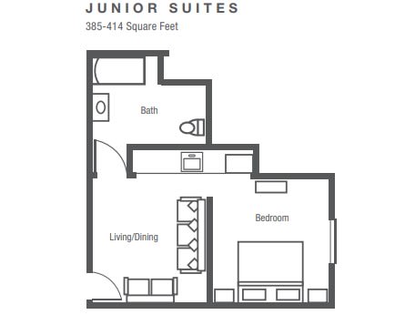 Floor plan of a junior suite, displaying the layout with living/dining area, bedroom, and bathroom.