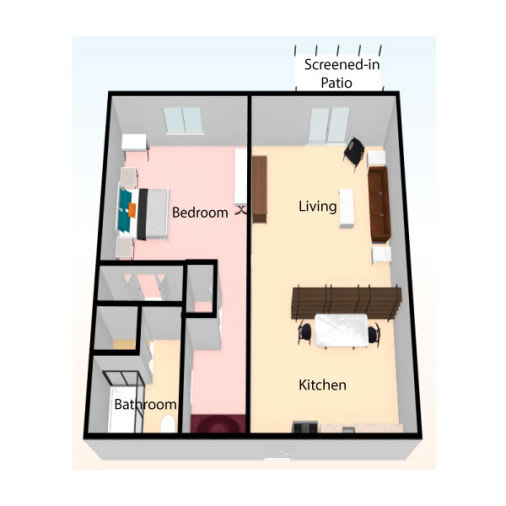 A simple floor plan of a one-bedroom apartment featuring a living room, kitchen, and bathroom.