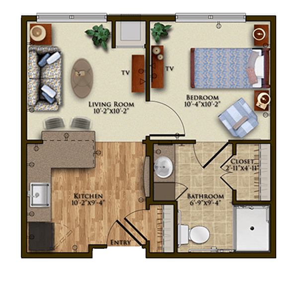 A floor plan of a one-bedroom apartment featuring a living room, kitchen, and bathroom.