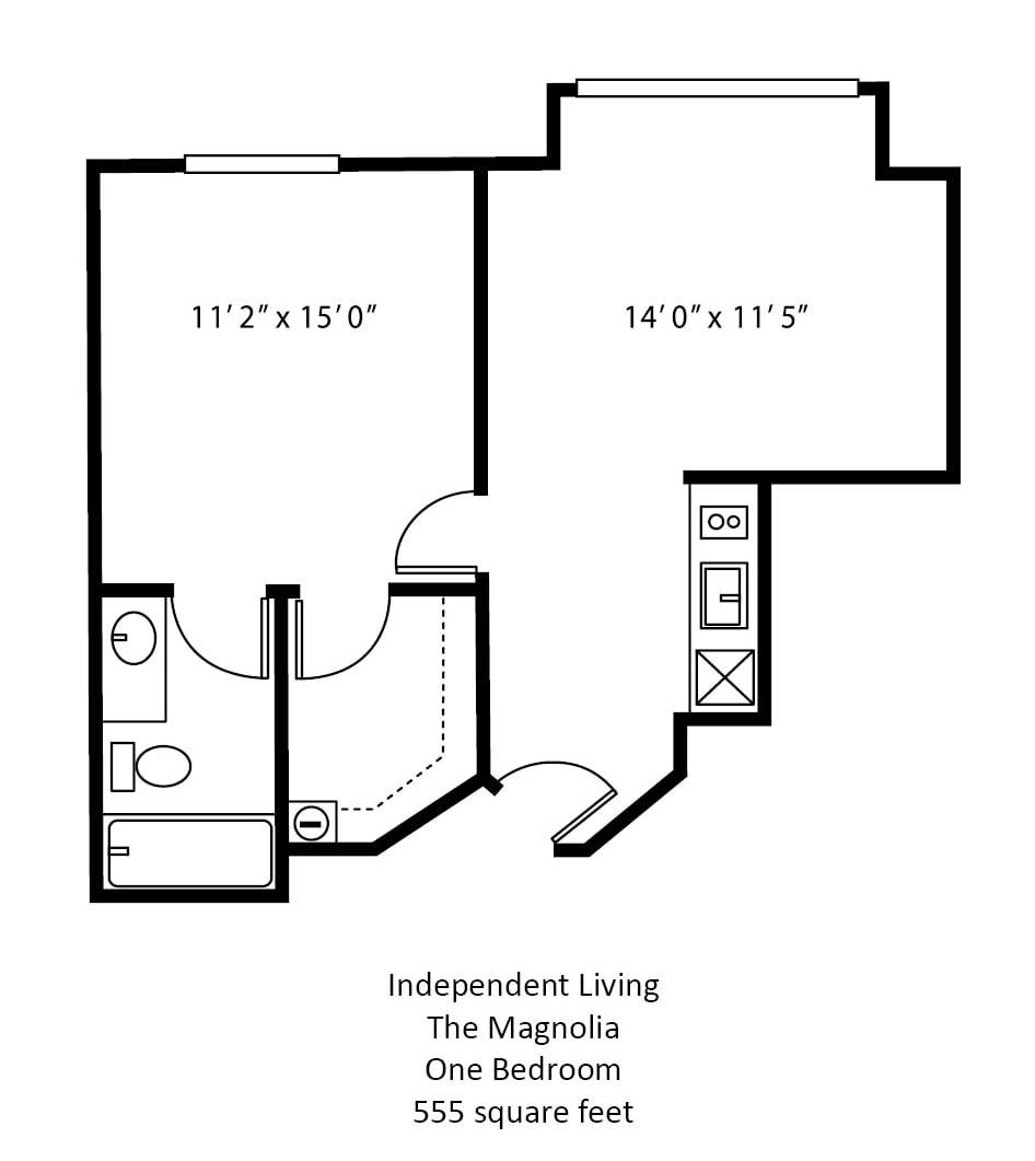 Floor plan of a one-bedroom independent living apartment.