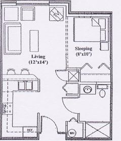 A floor plan of an apartment showing a living area, sleeping space, kitchen, and bathroom.