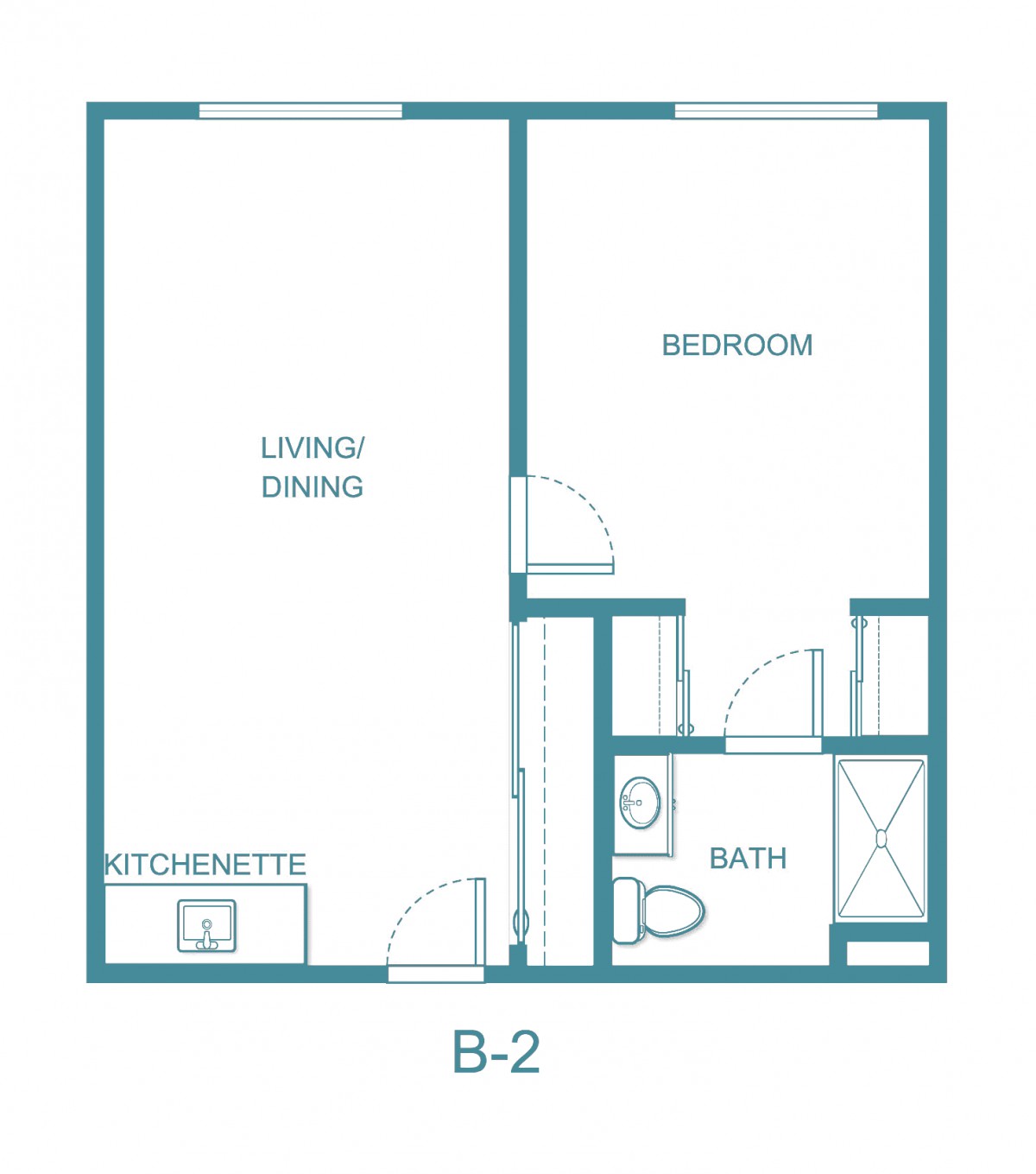 One-bedroom apartment floor plan with kitchenette, living/dining area, and bathroom.