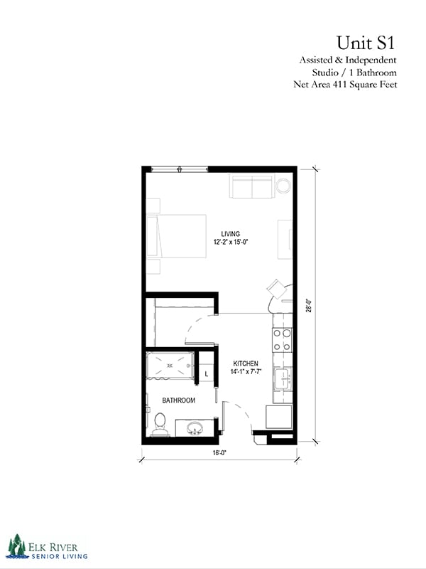 A floor plan of a studio apartment highlighting room dimensions and layout.