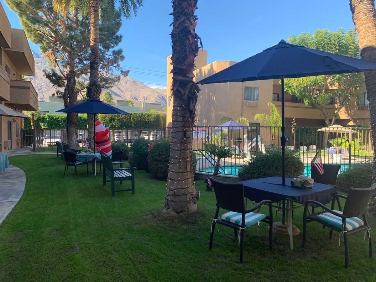 A peaceful outdoor area with patio tables, umbrellas, and a view of the swimming pool surrounded by palm trees on a sunny day.