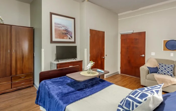 A modern bedroom with a television, wooden furniture, and minimalist decor.