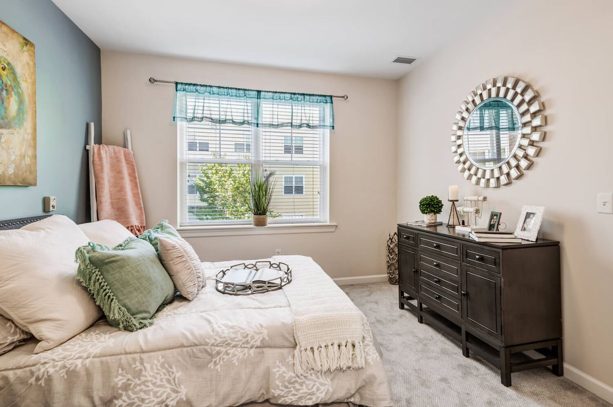 A cozy bedroom with a neatly made bed, decorative pillows, and a dresser topped with plants and decor, illuminated by natural light from the window.