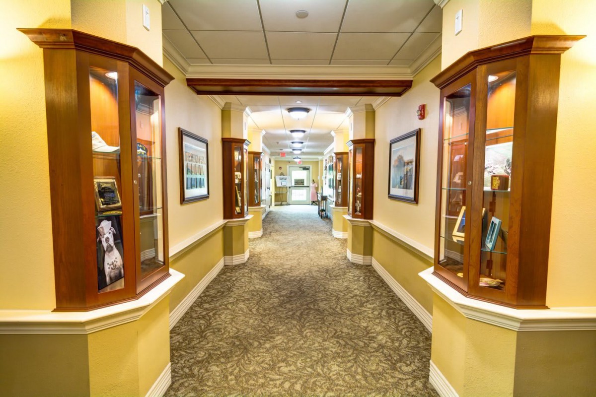 A well-lit hallway with display cases showcasing artifacts and framed pictures.