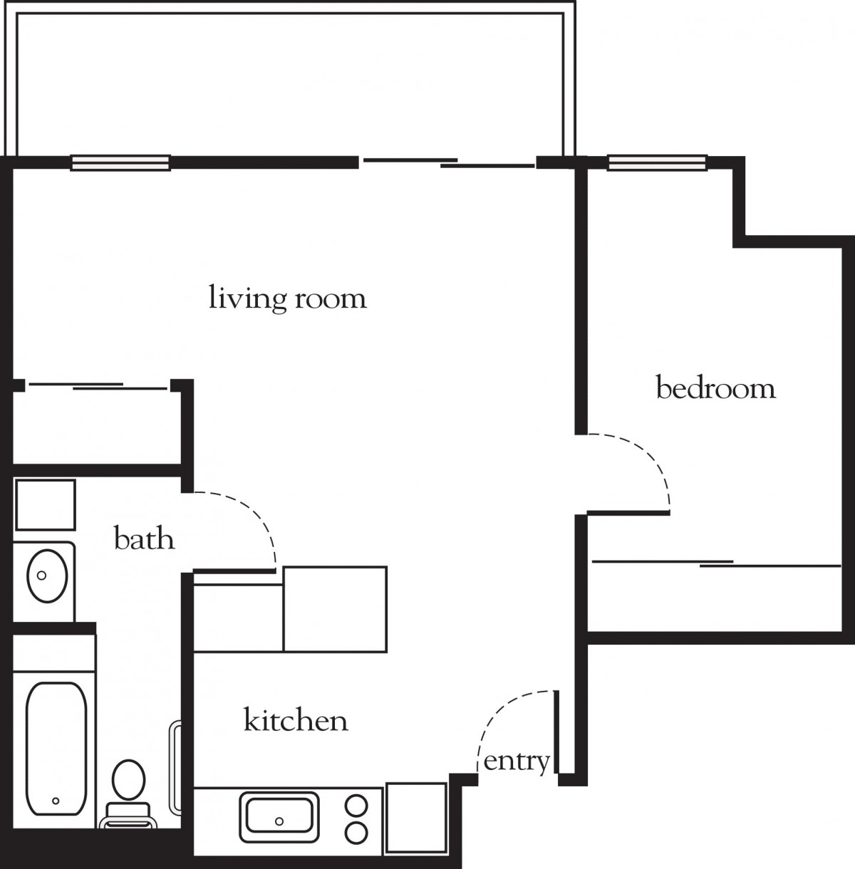 A floor plan showing a one-bedroom apartment layout with a living room, kitchen, and bathroom.