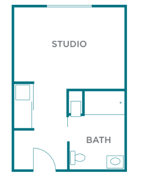 Studio apartment floor plan layout.