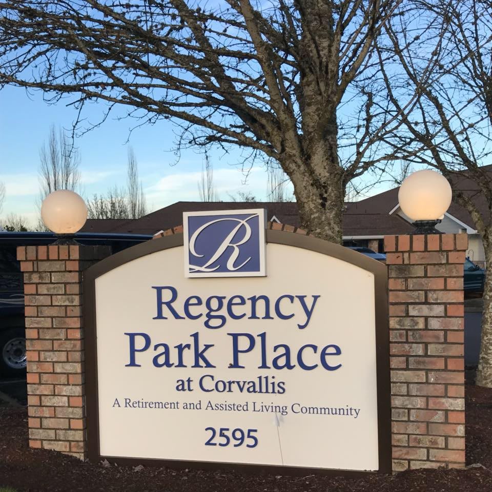 Sign for Regency Park Place at Corvallis, a retirement and assisted living community.