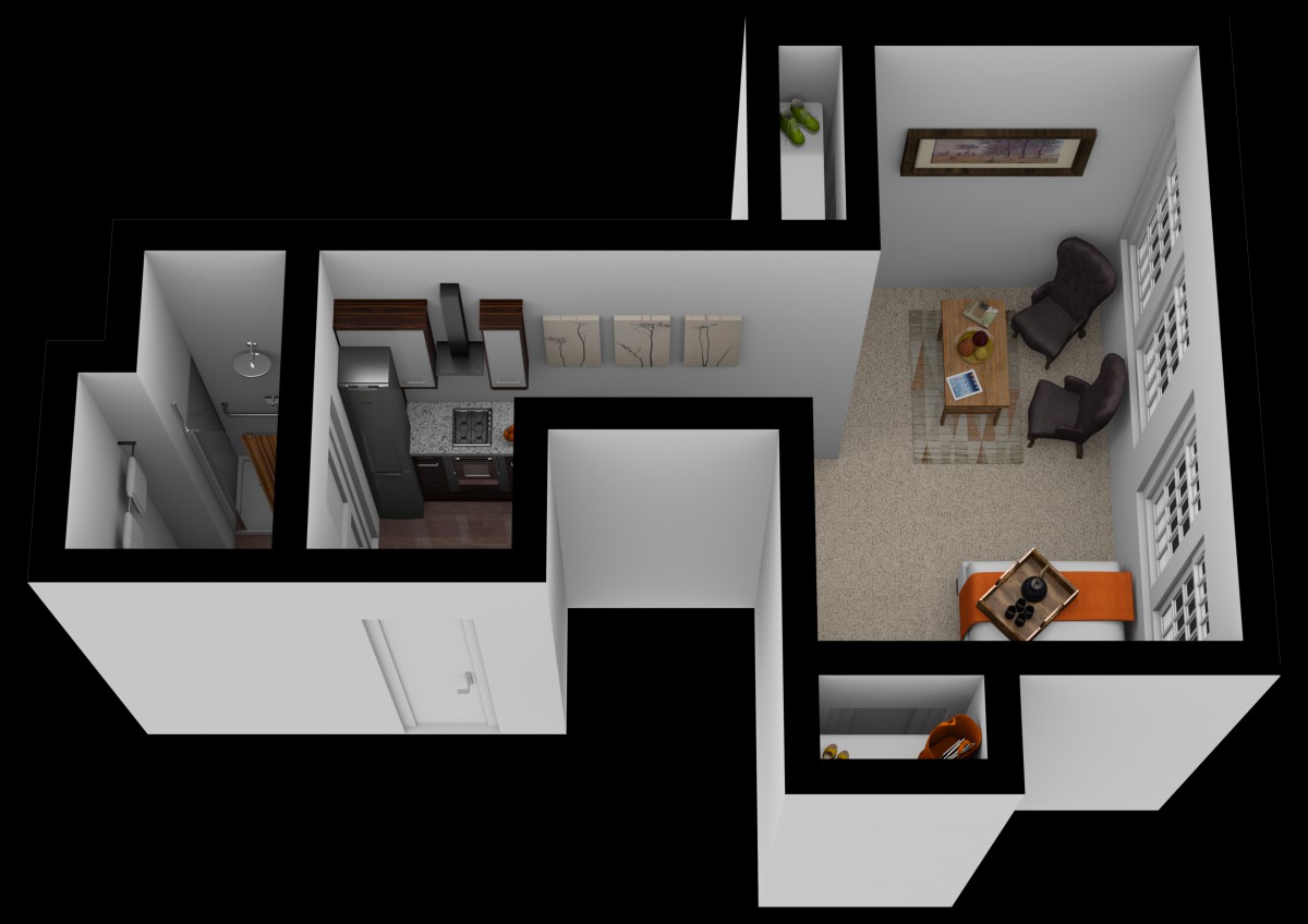 A 3D rendering of a compact apartment's floor plan showcasing the living room and kitchen areas.