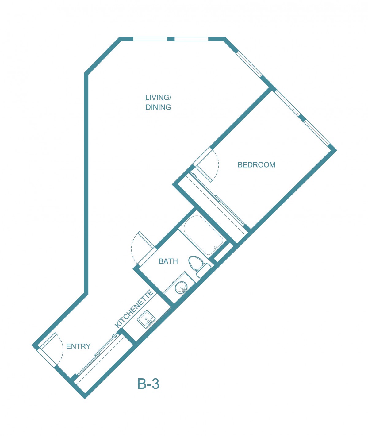 Apartment floor plan showing the layout of living room, bedroom, kitchen, and bathroom.
