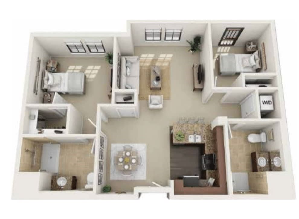 A 3D floor plan rendering of a modern apartment featuring two bedrooms, a living room, and a kitchen.