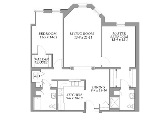 This image shows a floor plan of an apartment with multiple rooms labeled, including two bedrooms, a living room, kitchen, and bathrooms.
