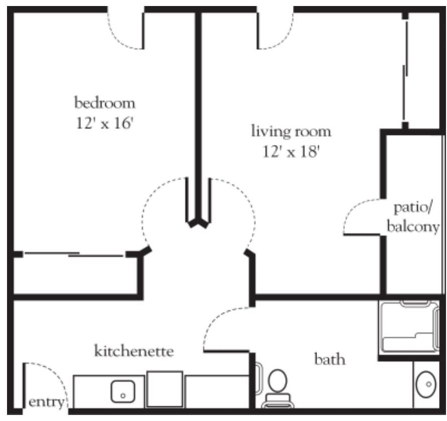 A simple floor plan of an apartment including living room, bedroom, kitchen, bath, and patio/balcony.