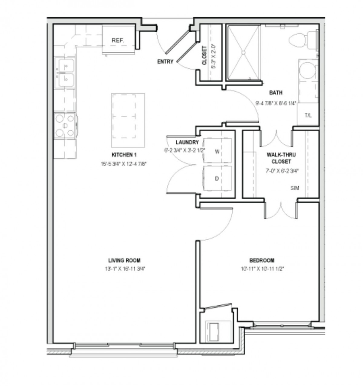 A detailed floor plan of a one-bedroom apartment with designated spaces for the kitchen, living room, and bathroom.