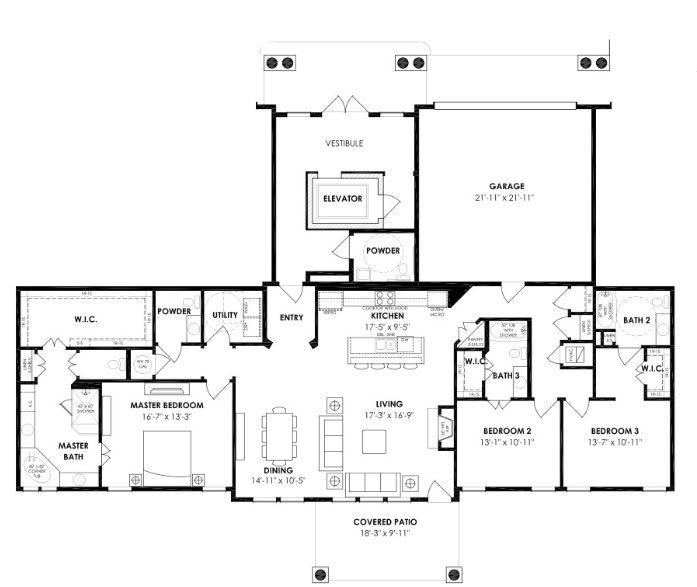 A detailed floor plan showcasing the layout of a single-story home with multiple rooms, including bedrooms, bathrooms, a kitchen, and living areas.