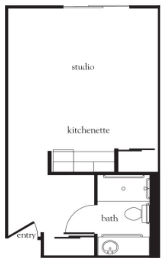 A simple floor plan of a studio apartment with a kitchenette and bathroom.