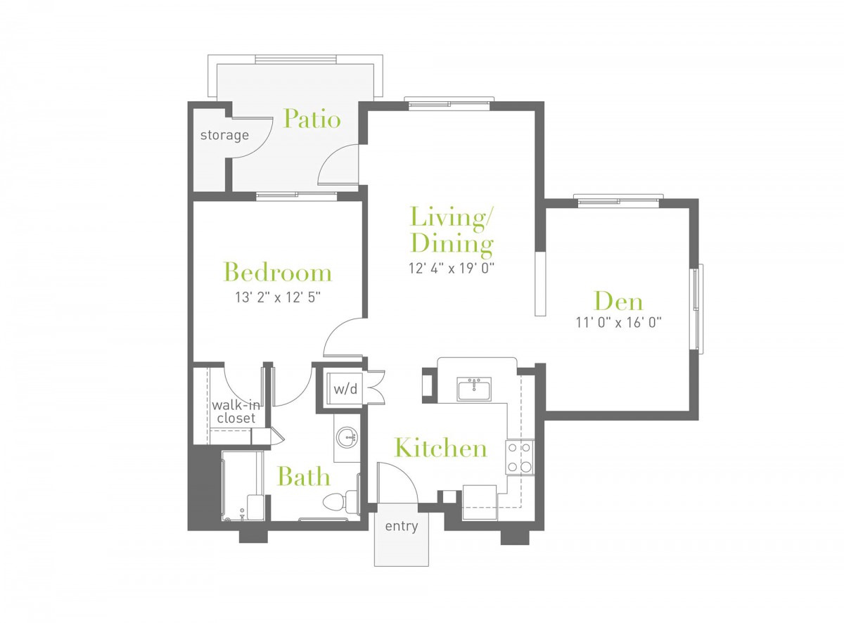 A floor plan showing the layout of an apartment with labeled rooms including a bedroom, living/dining area, kitchen, bath, patio, and flex space.