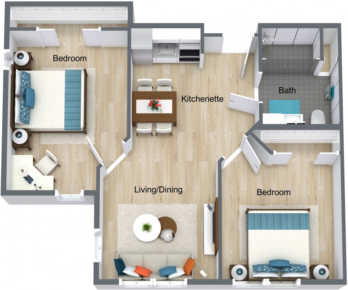 A detailed floor plan of a 2-bedroom apartment featuring a living/dining area, kitchen with bar, bathroom, and balcony.