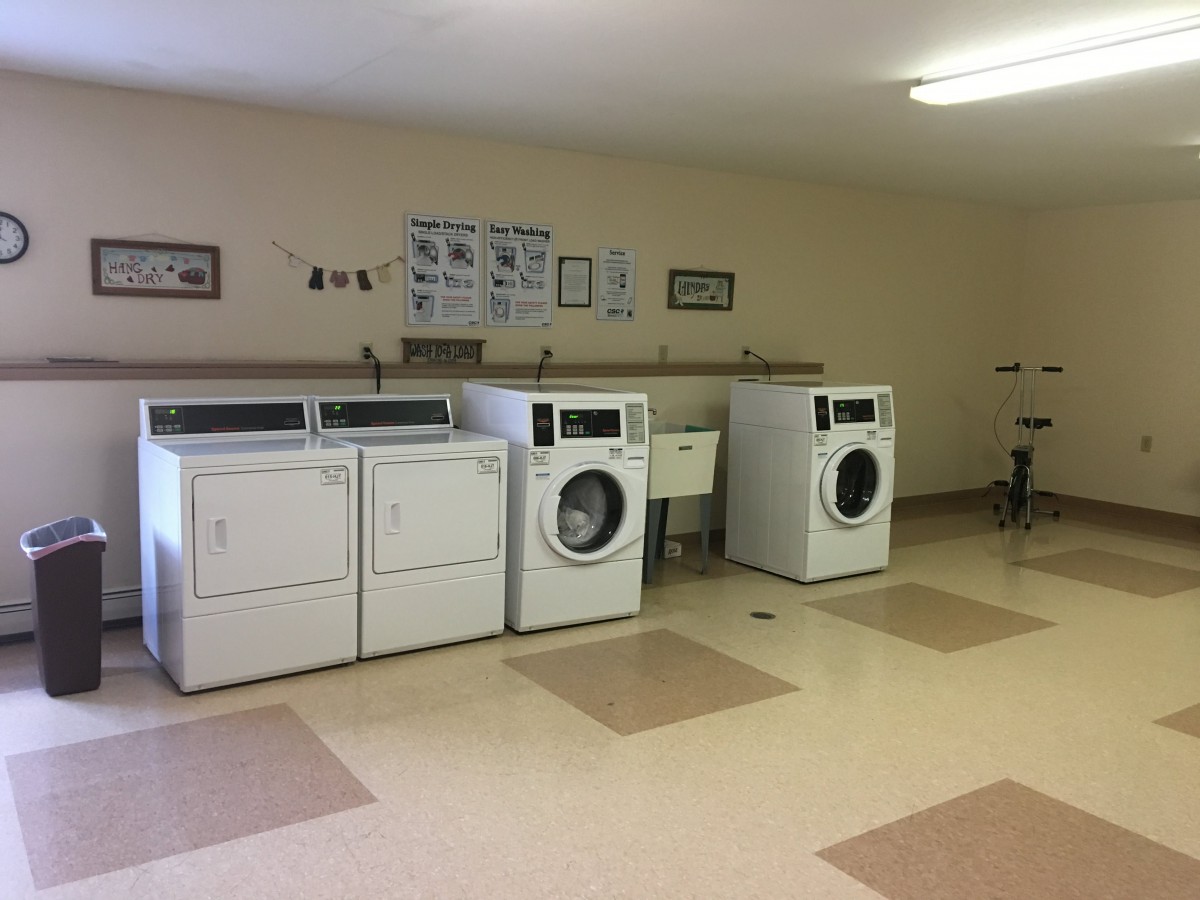 A laundry room featuring washing machines and dryers lined up against the wall.