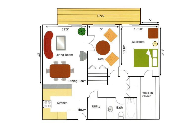 A detailed floor plan of a house with designated areas for the living room, dining room, kitchen, bedroom, and deck.