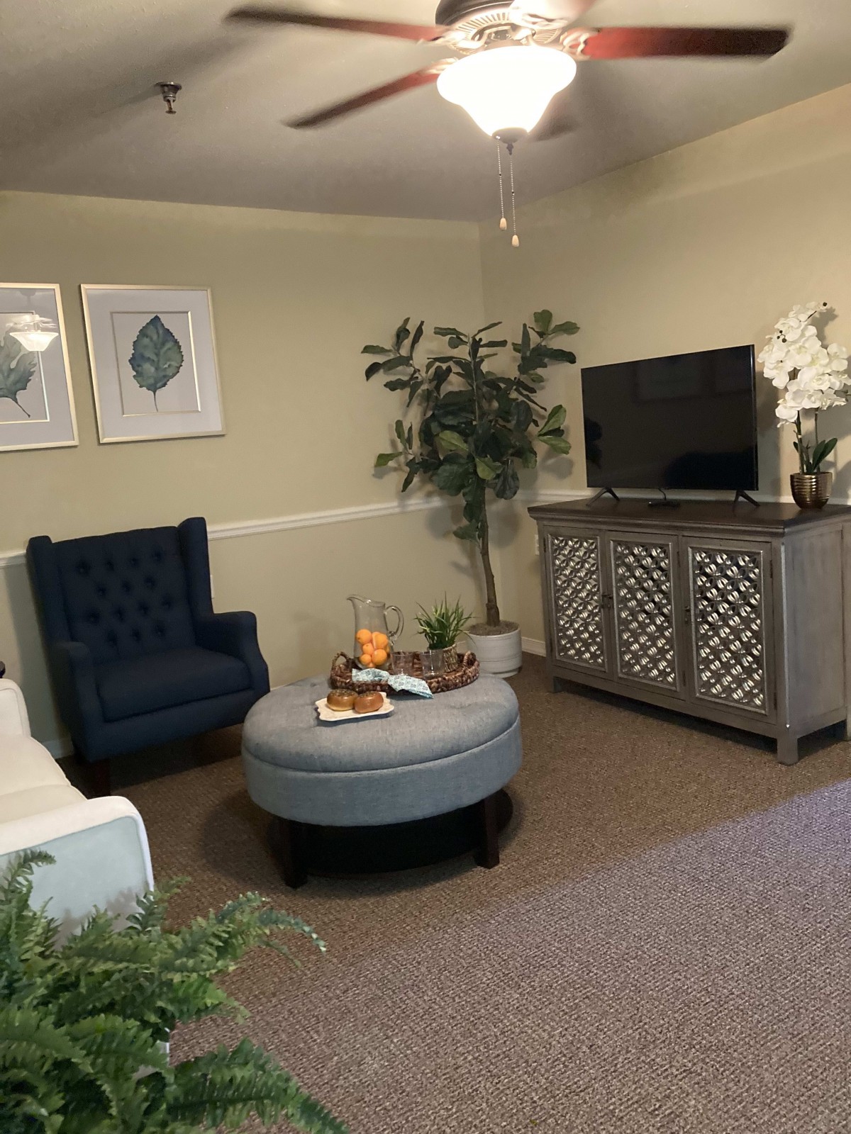 A cozy living room with stylish decor, featuring a navy armchair, round ottoman, TV stand, and decorative plants.