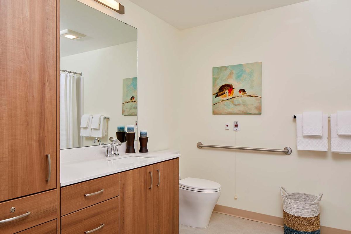 A modern bathroom with a wooden cabinet, large mirror, and decorative wall art.