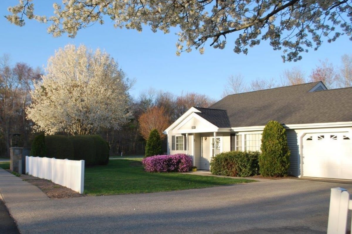 A charming house surrounded by blooming trees and flowers on a sunny spring day.