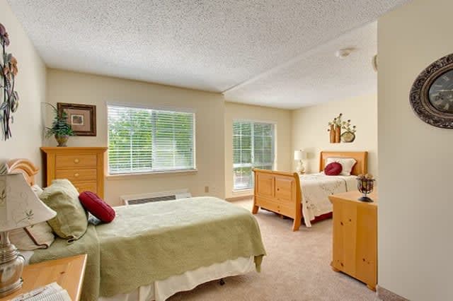A bright and cozy bedroom with twin beds, featuring natural light streaming through two large windows.