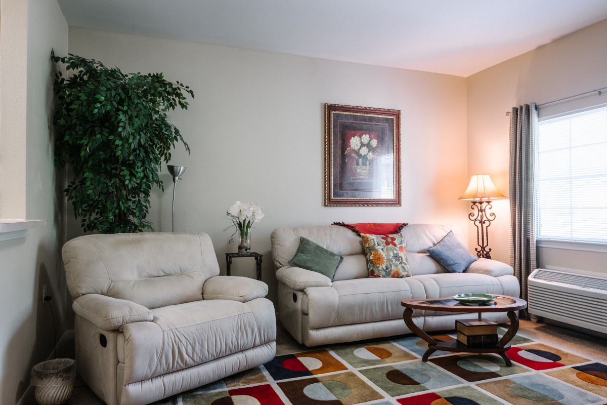 A cozy living room with a sofa, armchair, decorative rug, and wall art.