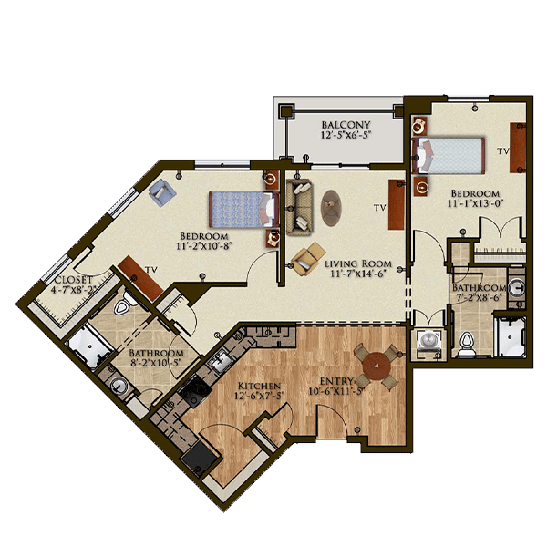A detailed floor plan of an apartment, showcasing the layout and arrangement of rooms.