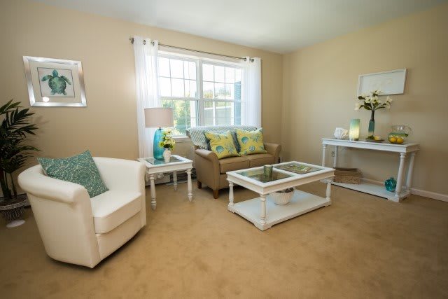 A cozy living room featuring a sofa and armchair with colorful cushions, a coffee table, and large window.