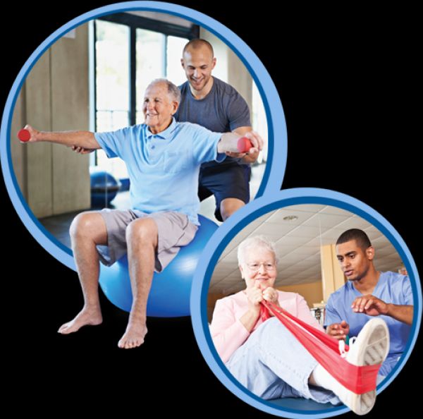 Elderly individuals engaging in physical therapy exercises with the assistance of healthcare professionals.