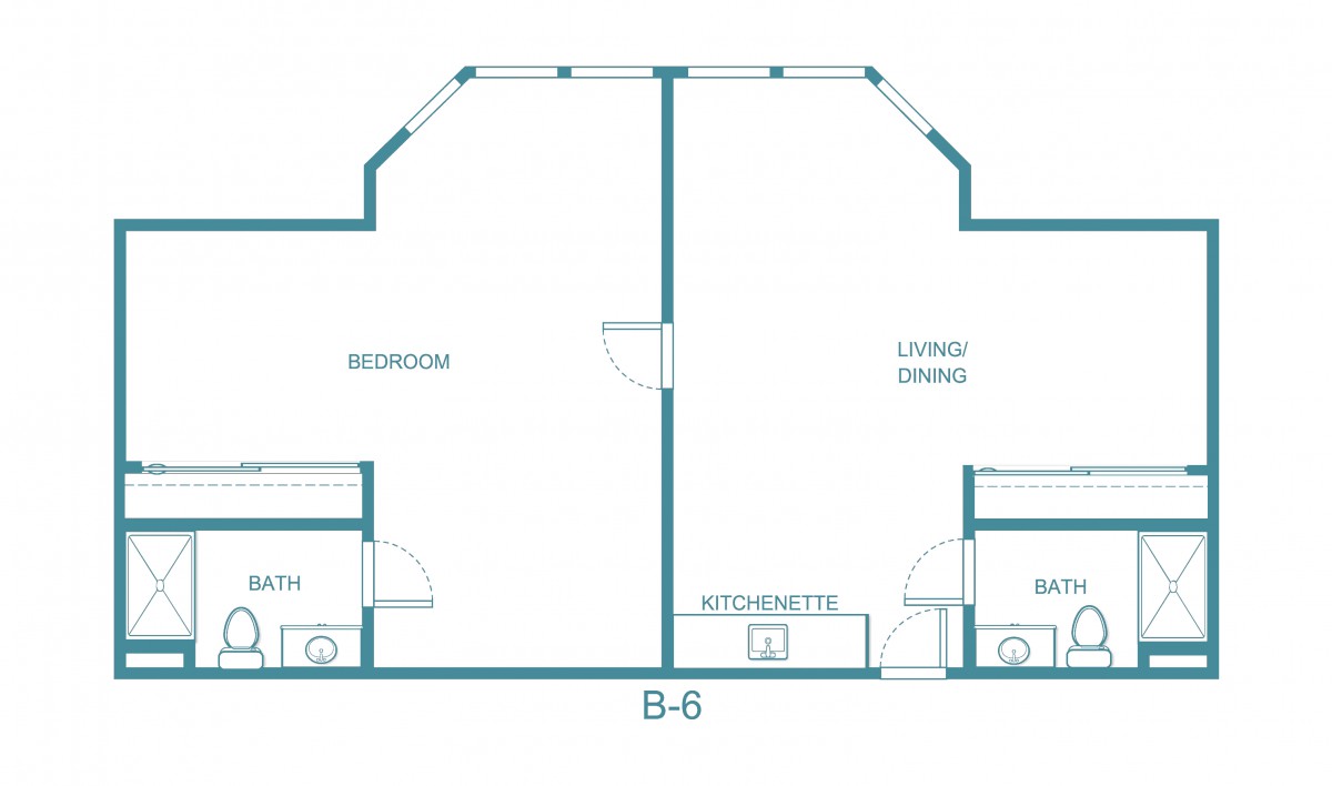A simple floor plan showing the layout of a one-bedroom apartment with a living room, kitchen, and bathroom.