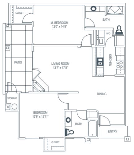 A floor plan of a two-bedroom apartment with labeled rooms and dimensions.