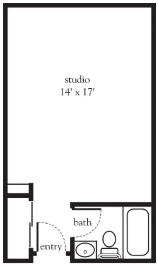 A floor plan of a studio apartment with dimensions 14' x 17'.