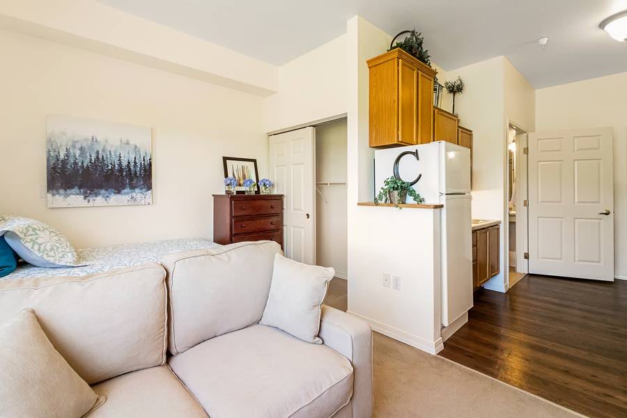 A cozy living room with a comfortable sofa and tasteful decor in a compact apartment setting.
