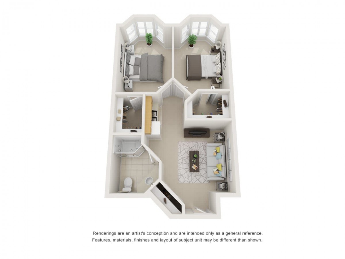 A 3D floor plan of a two-bedroom apartment featuring a living room, kitchen, and bathroom.