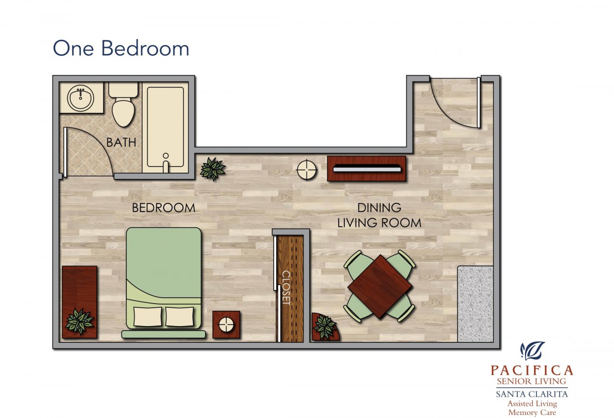 Floor plan of a one-bedroom apartment, featuring a combined dining and living area.