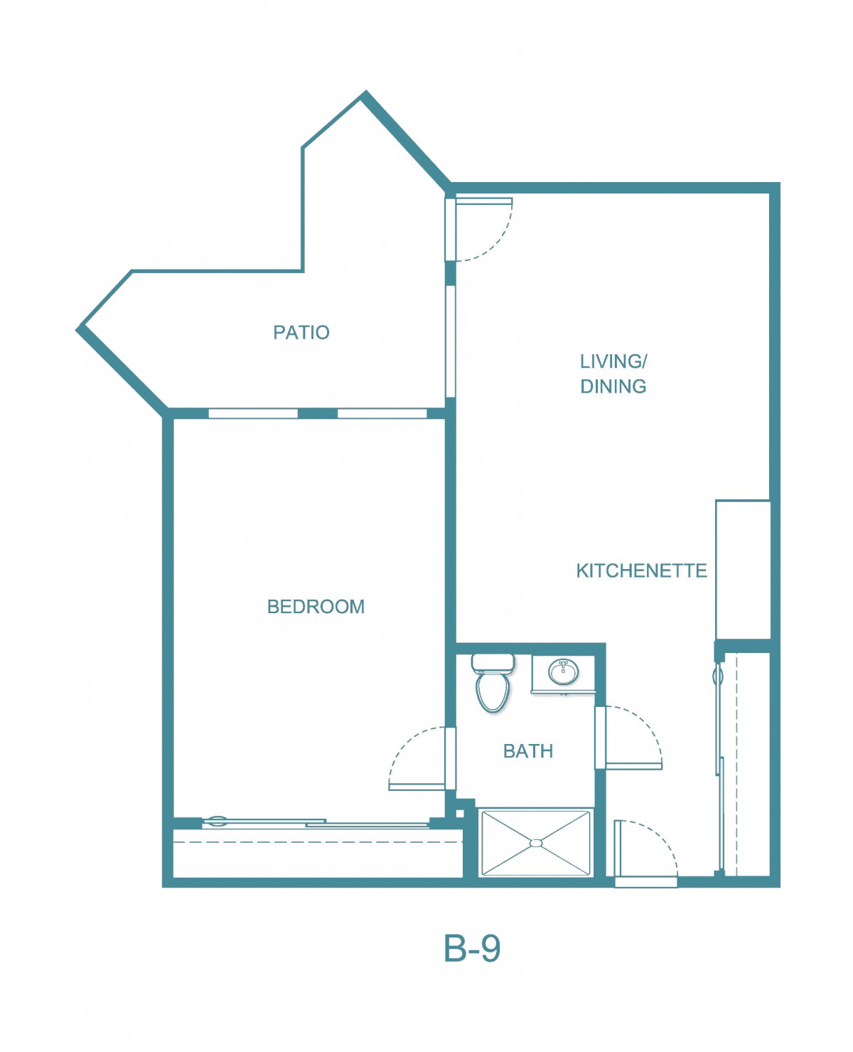 A floor plan of a one-bedroom apartment with designated areas for a living room, kitchen/dining area, bath, and balcony.