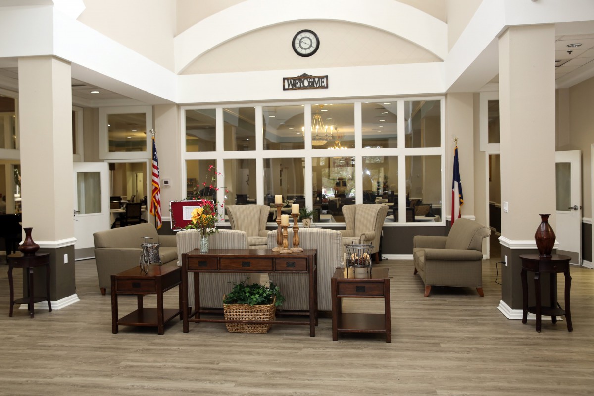 A modern lobby with comfortable seating and decor.