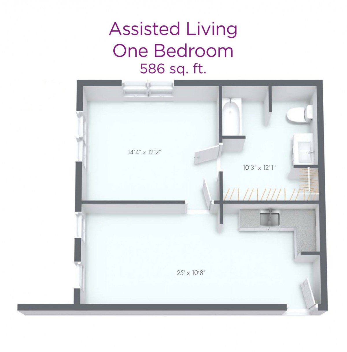 Floor plan of a 586 sq ft assisted living one-bedroom apartment.