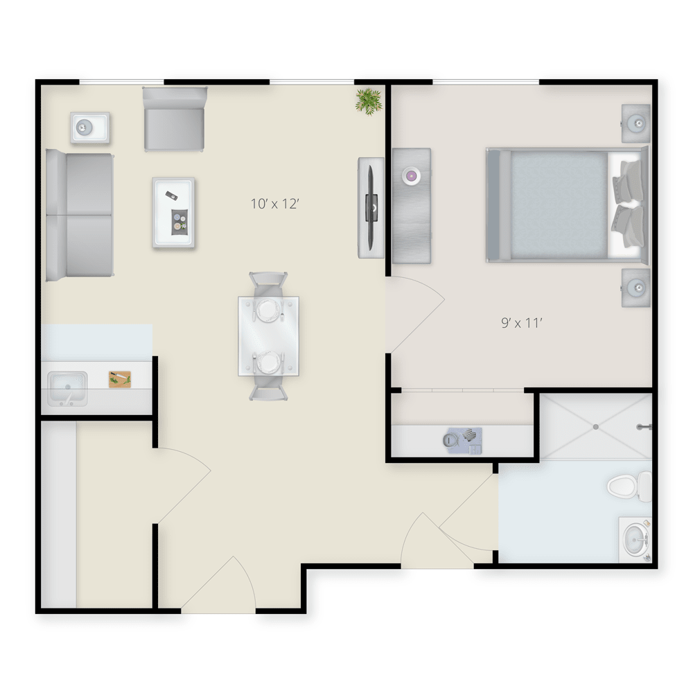 A floor plan of a one-bedroom apartment featuring an open kitchen, living room, and bathroom.