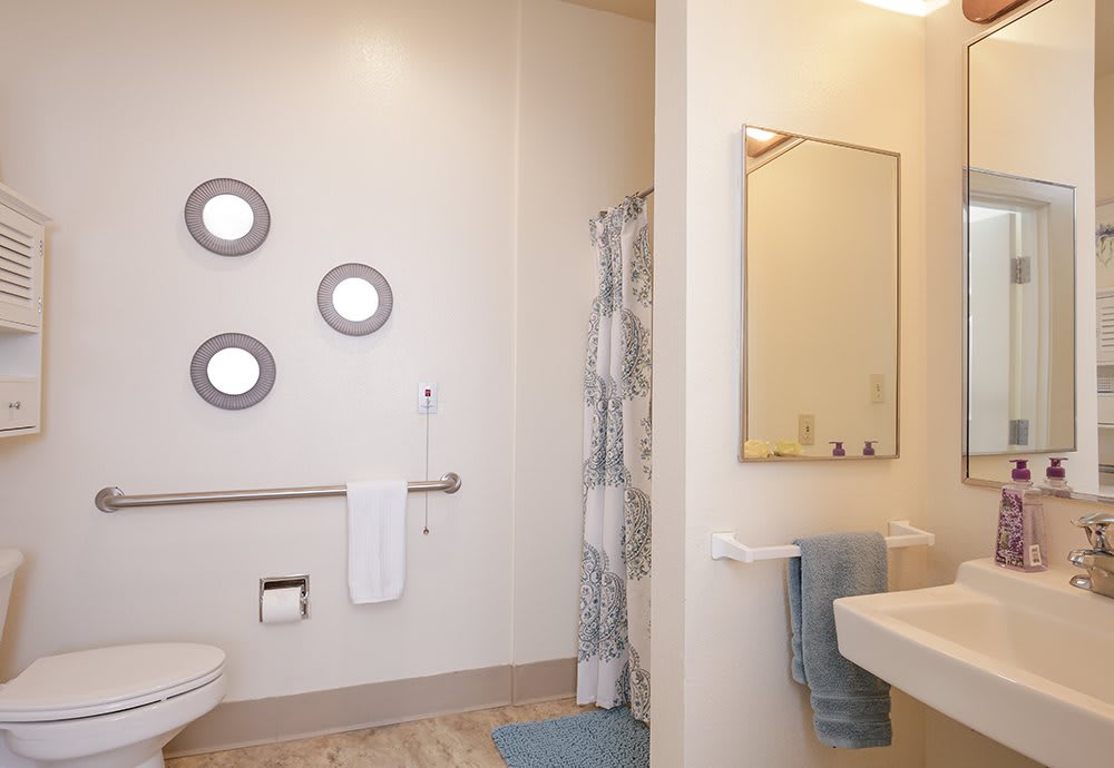 A clean, modern bathroom with circular mirrors and a shower curtain.