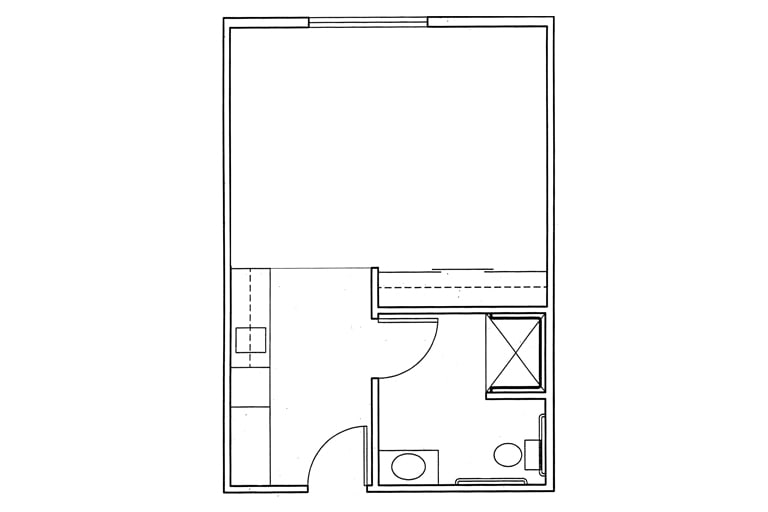 Studio apartment floor plan with a kitchenette and bathroom area.