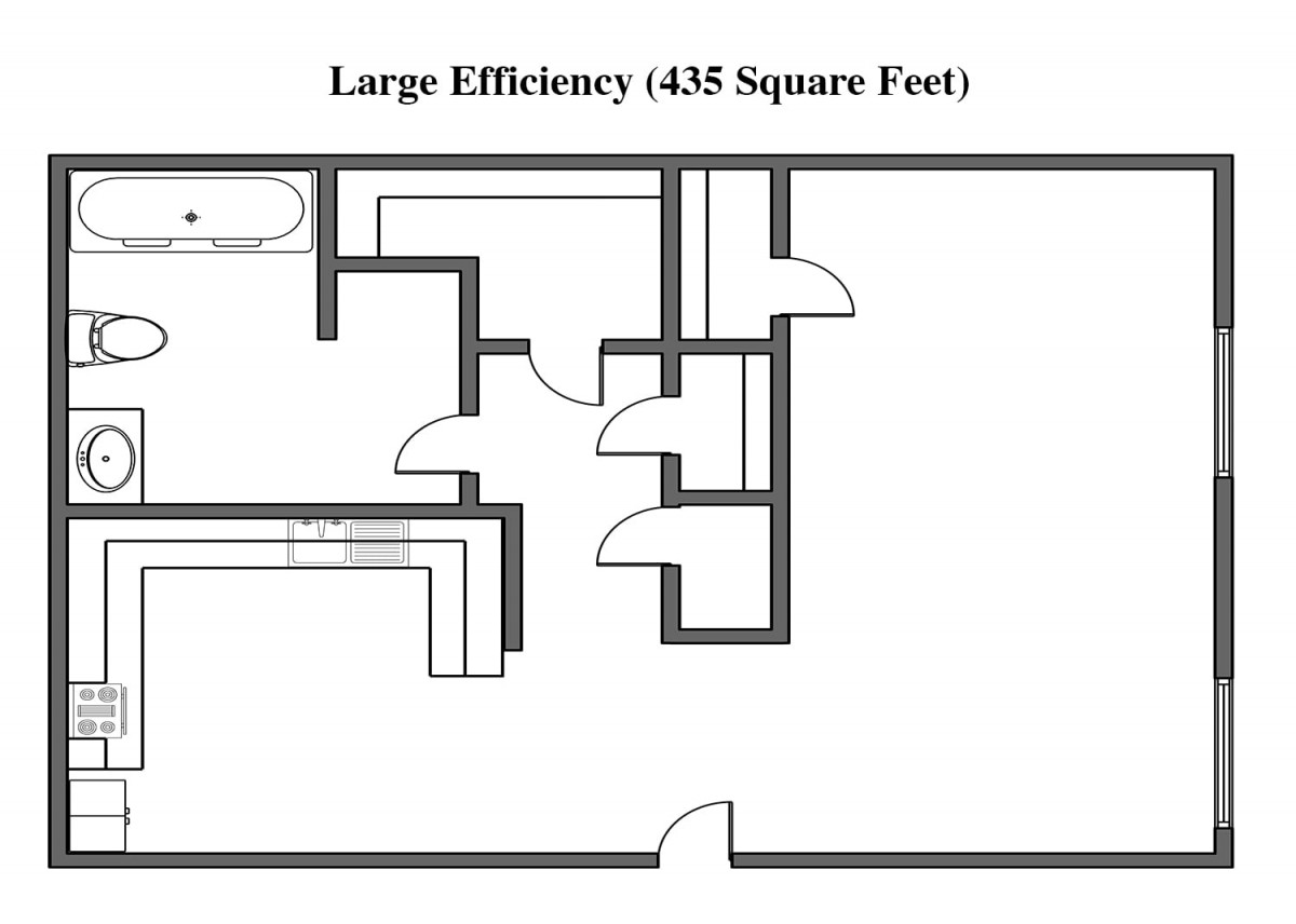 A floor plan for a large efficiency apartment measuring 435 square feet.