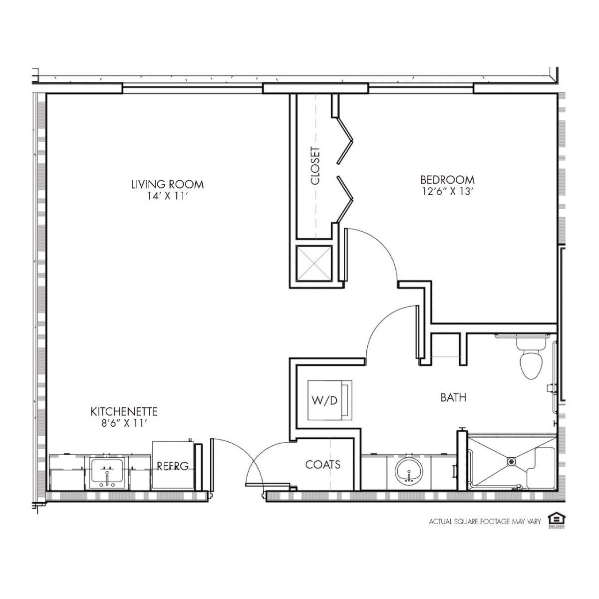 A detailed floor plan of an apartment showing the living room, bedroom, kitchen, and bathroom layout.