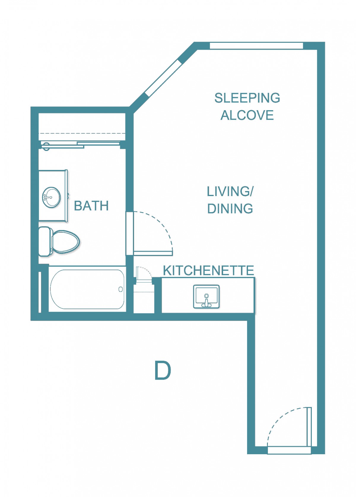 A floor plan of a studio apartment with a kitchenette, bathroom, living/dining area, and a sleeping alcove.