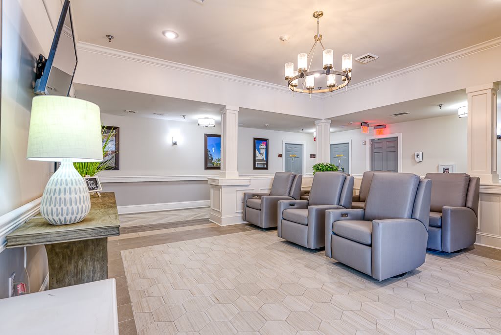 A modern lobby area with comfortable seating and stylish lighting.